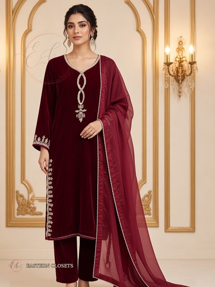 Shahi Maroon – Velvet Suit