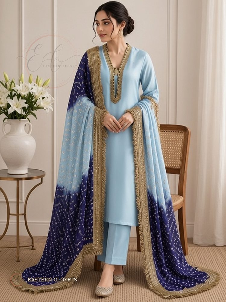 Aasmani Bandhani – Kurta Set | Bandhani Dupatta